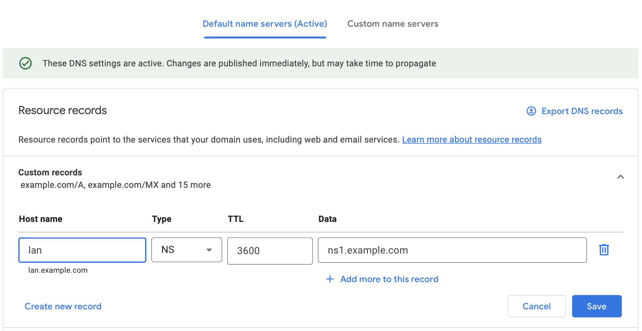 Google Domains Custom NS record for subdomain